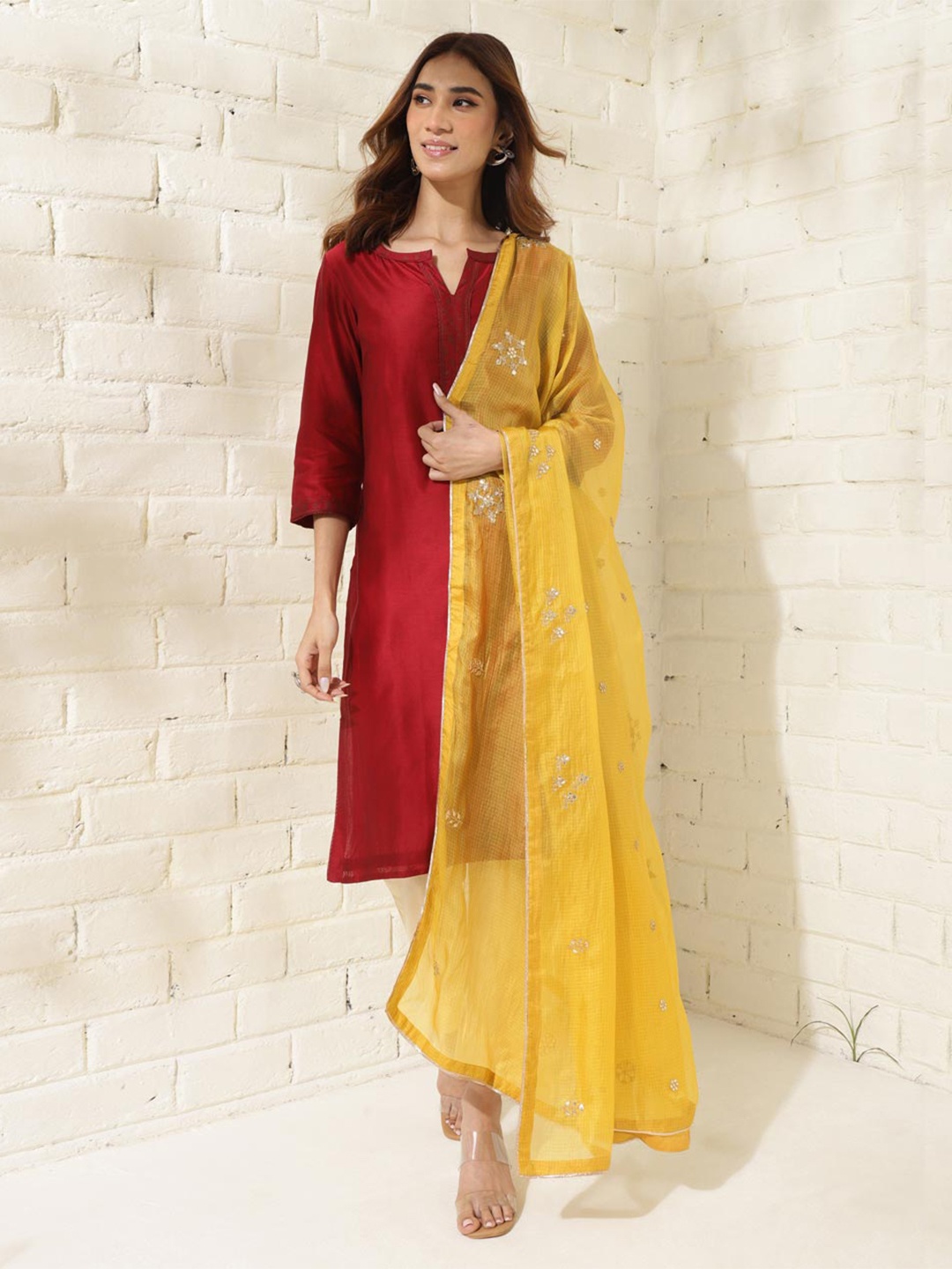 

Fabindia Ethnic Motifs Embroidered Thread Work Silk Dupatta, Mustard