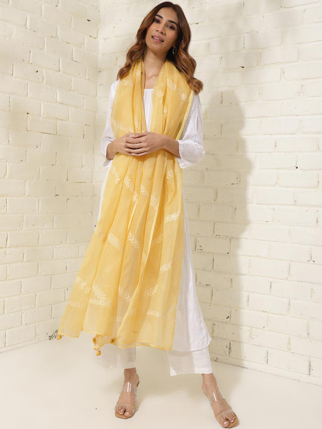 

Fabindia Ethnic Motifs Embroidered Chikankari Detailed Cotton Silk Dupatta, Yellow