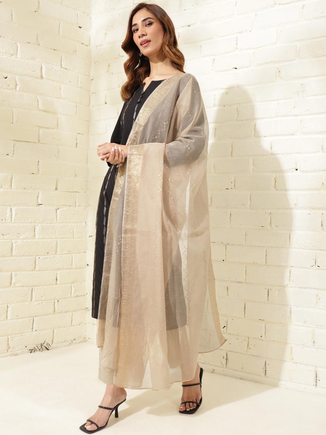 

Fabindia Ethnic Motifs Woven Design Cotton Silk Dupatta, Beige
