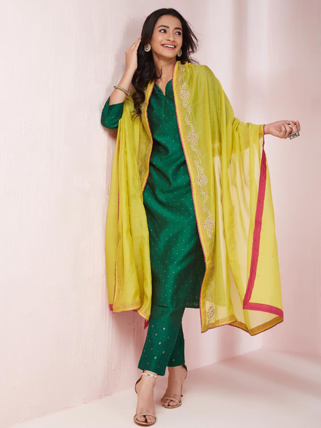 

Fabindia Striped Sequinned Detailed Cotton Silk Dupatta, Lime green
