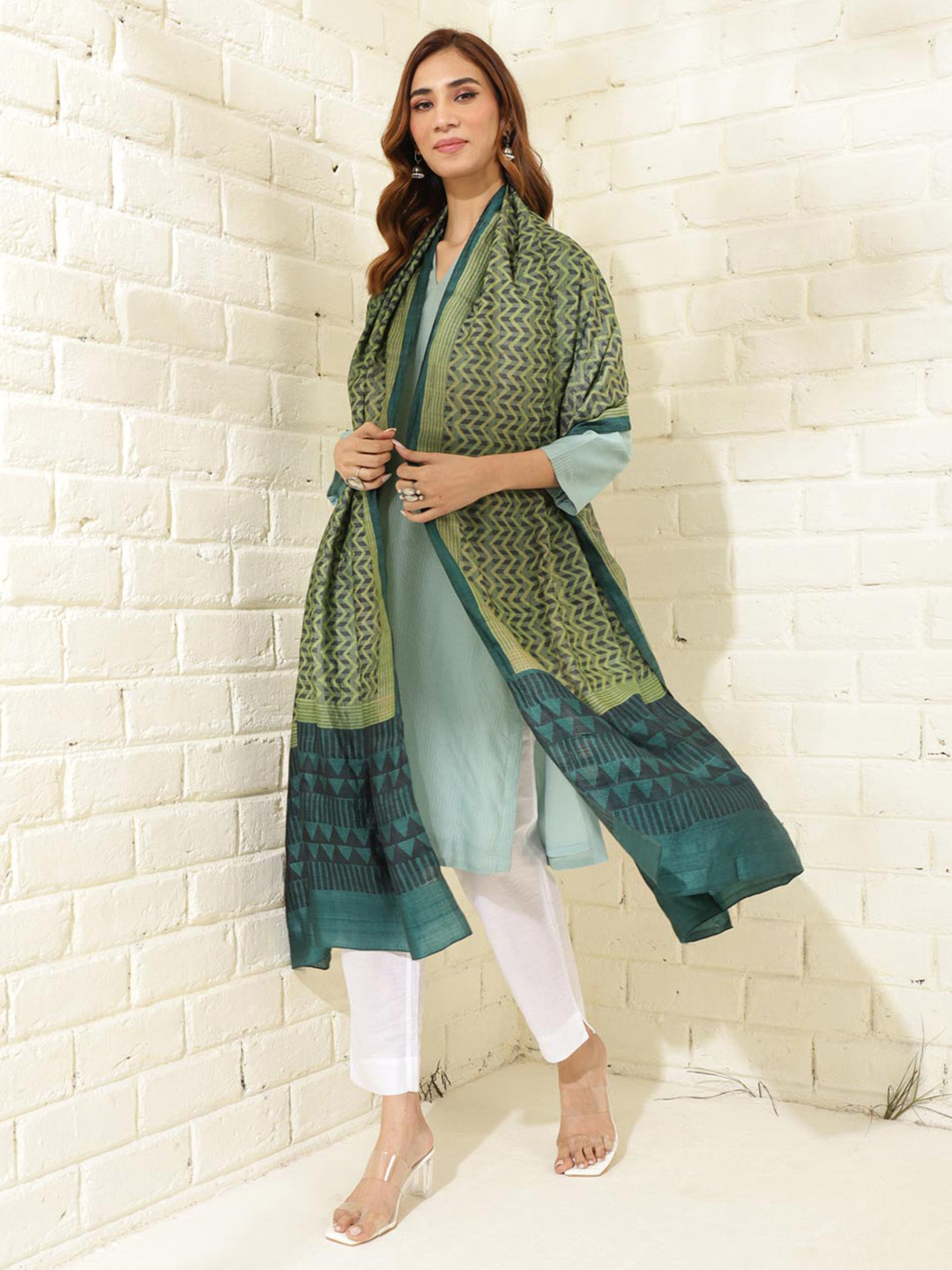 

Fabindia Geometric Printed Block Print Silk Dupatta, Olive