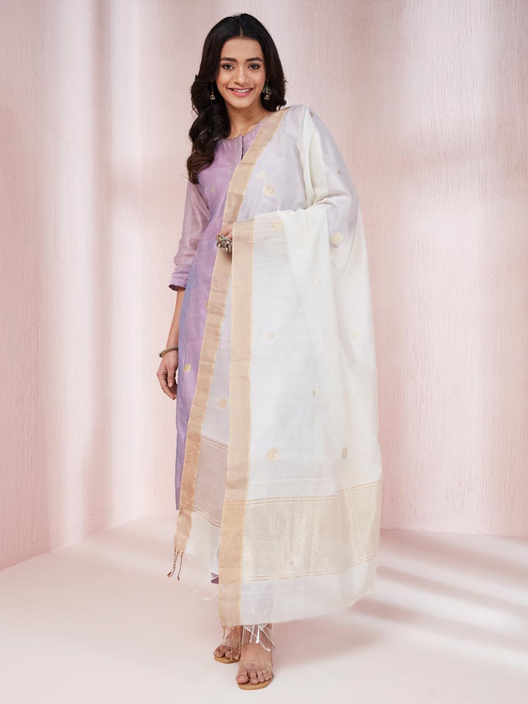 

Fabindia Woven Design Cotton Silk Zari Dupatta, Off white