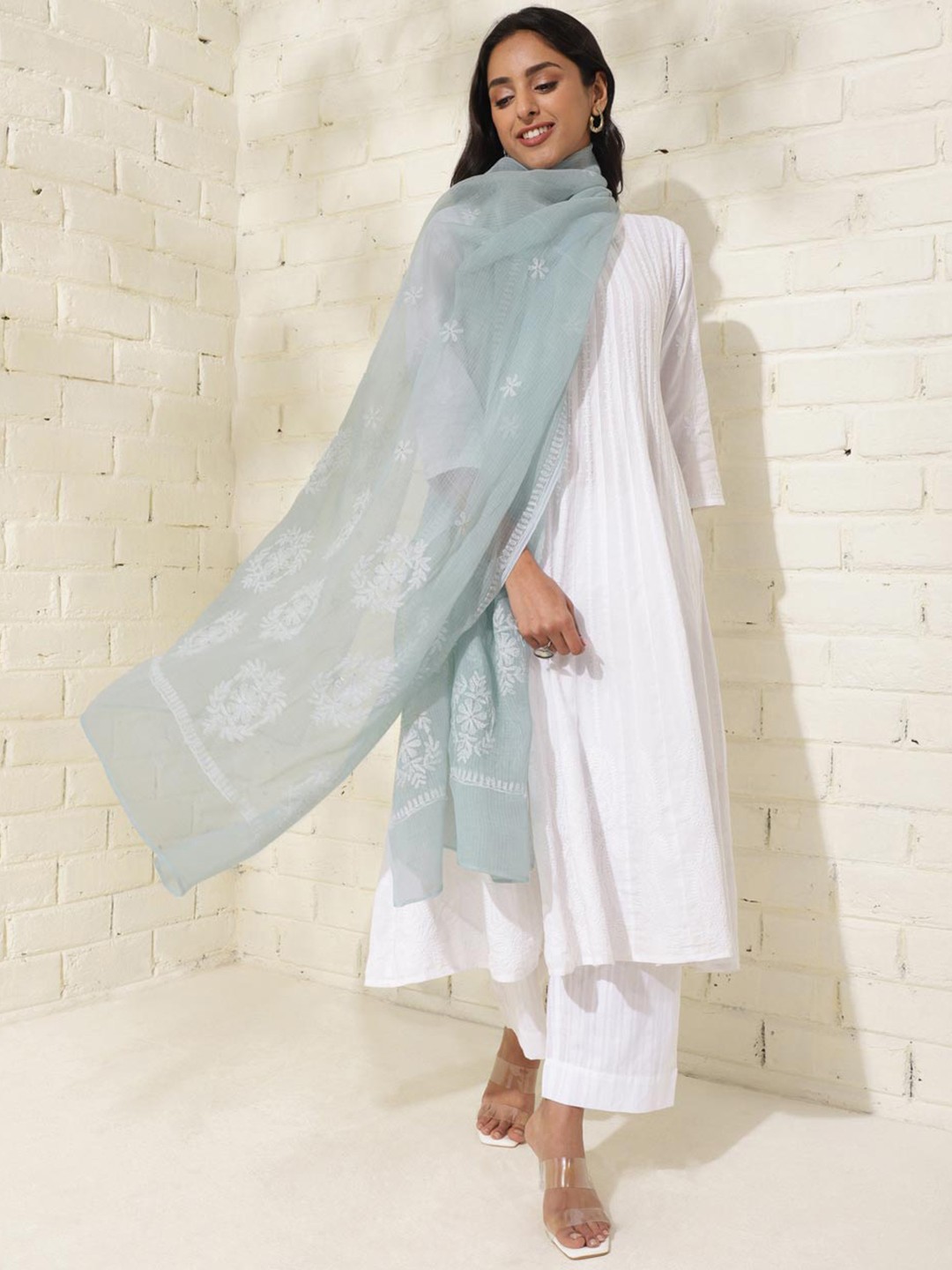 

Fabindia Ethnic Motifs Embroidered Cotton Silk Chikankari Dupatta, Sea green