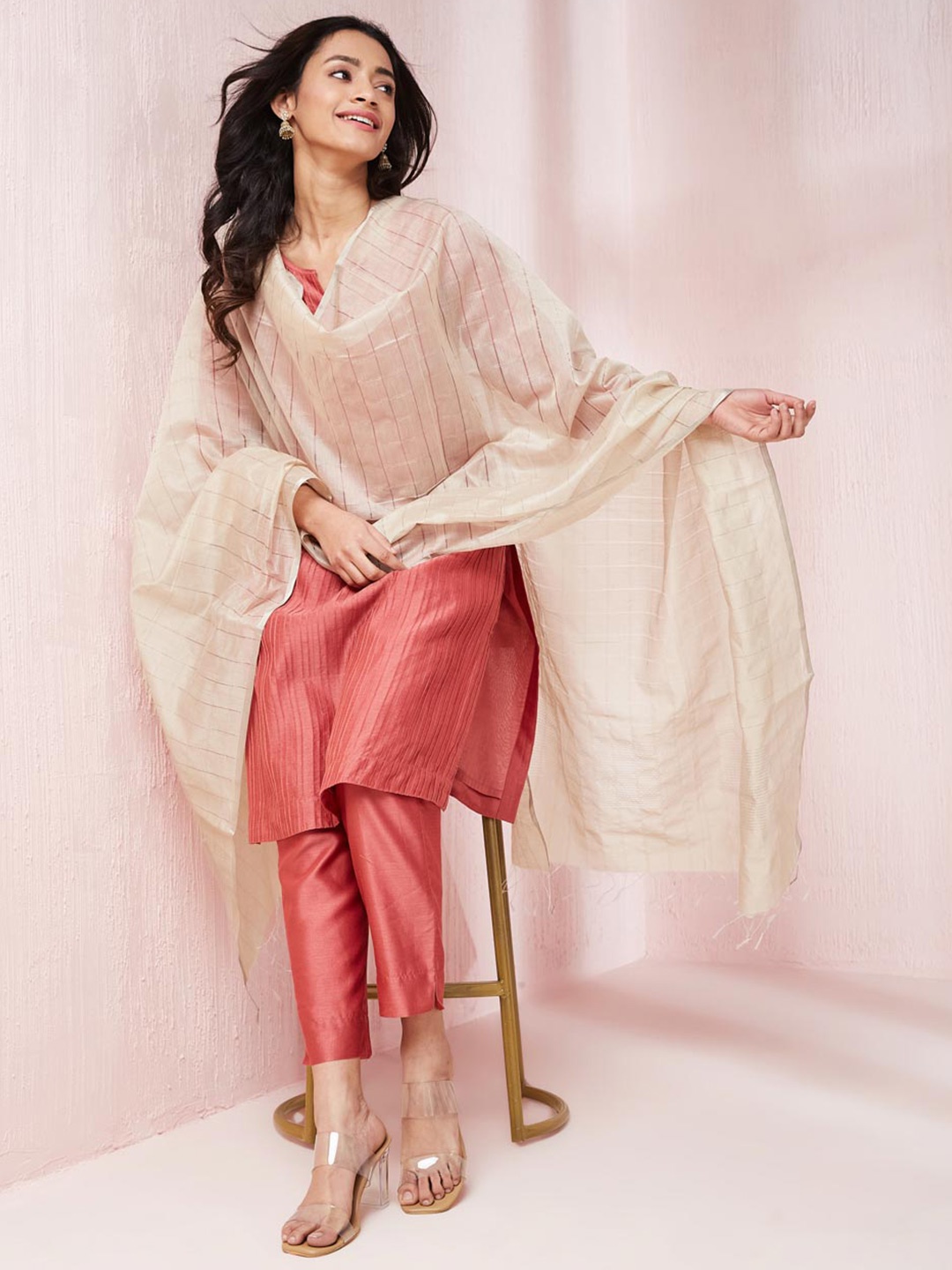 

Fabindia Woven Design Striped Cotton Silk Dupatta, Beige