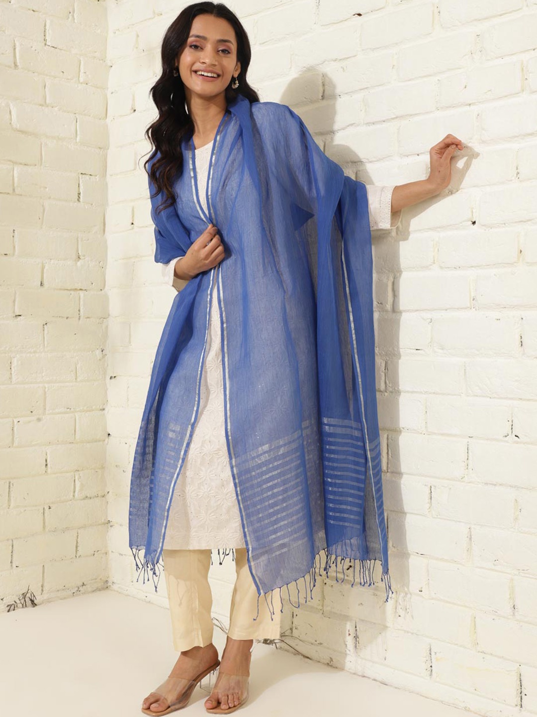 

Fabindia Woven Design Cotton Silk Tasseled Zari Dupatta, Blue