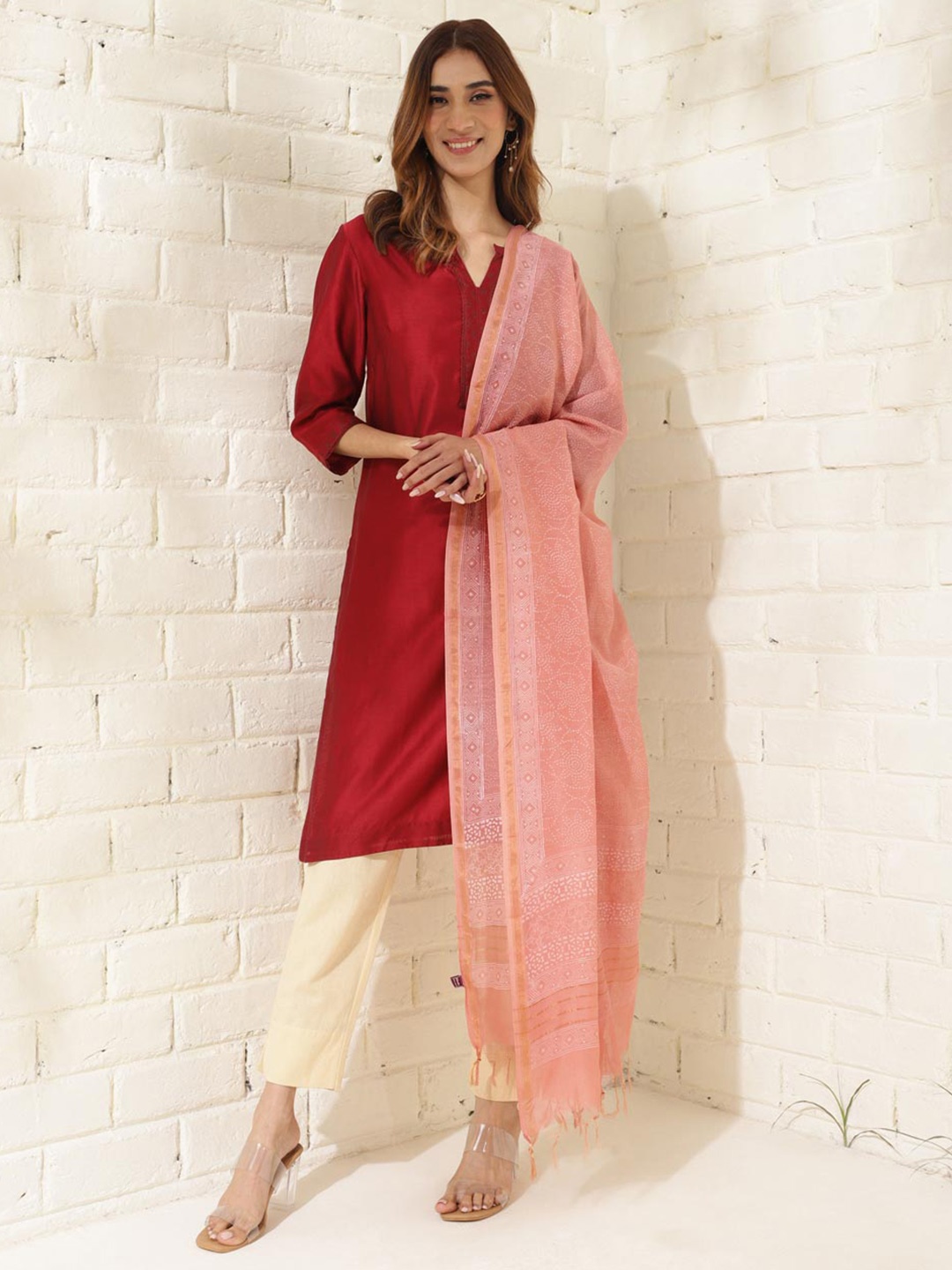 

Fabindia Ethnic Motifs Printed Block Print Cotton Silk Zari Dupatta, Pink