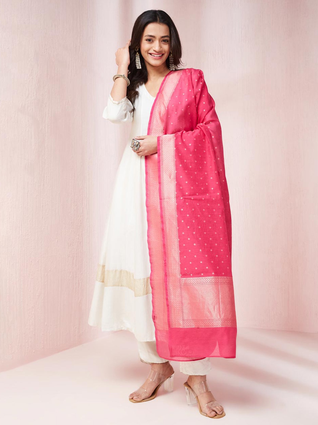 

Fabindia Ethnic Motifs Woven Design Zari Dupatta, Pink
