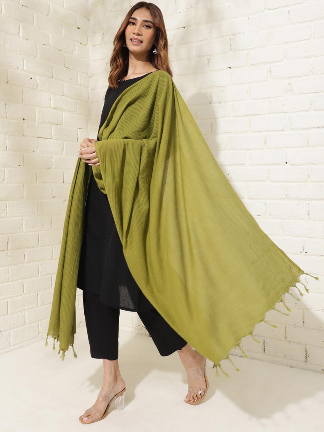 

Fabindia Woven Design Tasseled Dupatta, Green