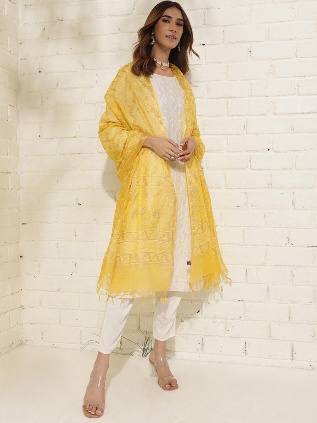

Fabindia Hand Block Printed Silk Dupatta, Yellow