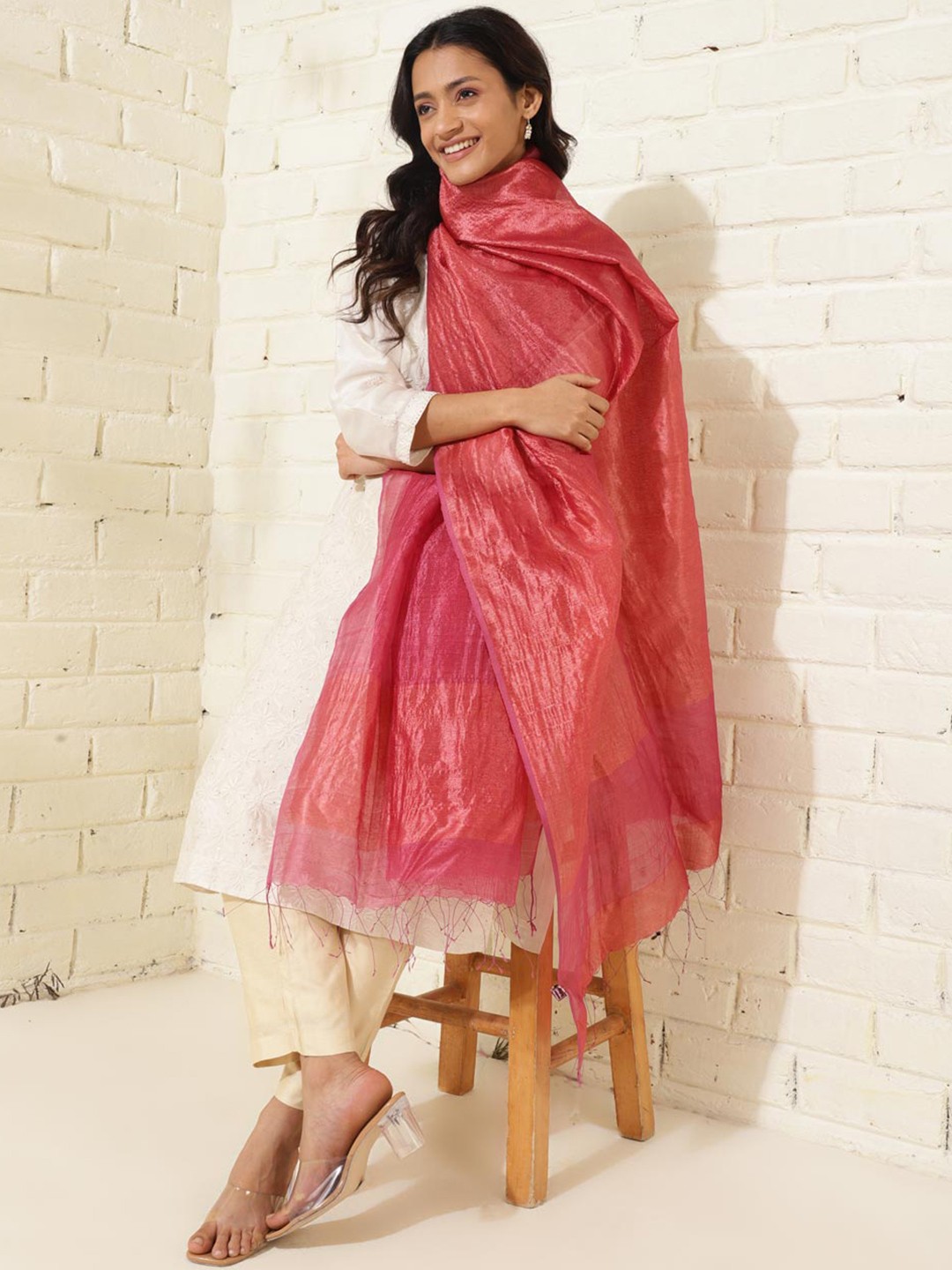 

Fabindia Hand Woven Silk Dupatta, Red