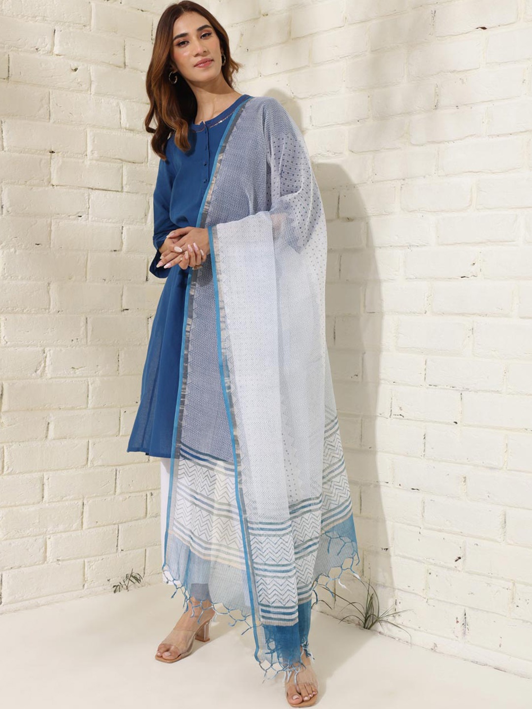 

Fabindia Hand Block Print Cotton Silk Dupatta with Zari, Blue