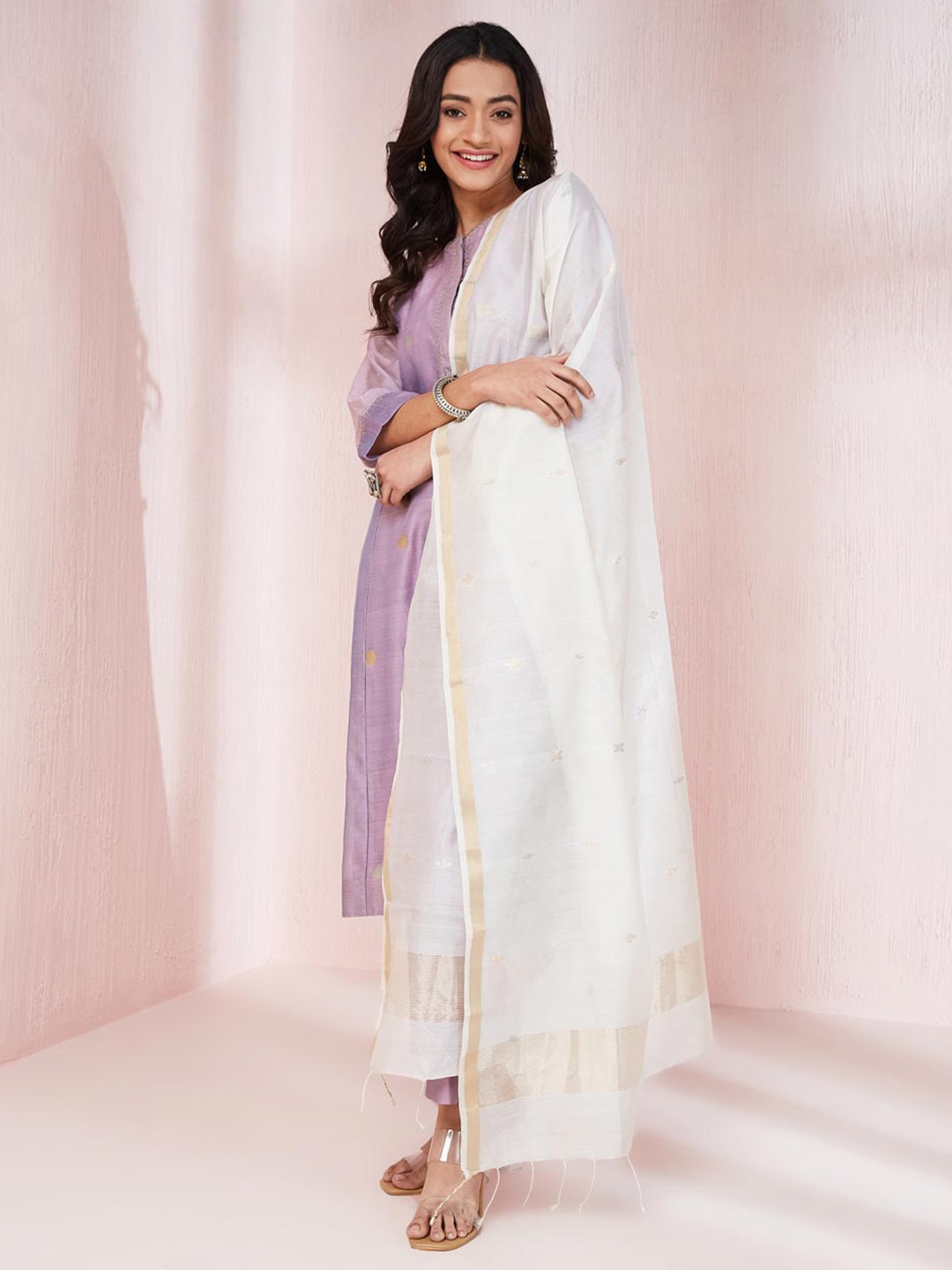 

Fabindia Woven Design Cotton Silk Dupatta with Zari, White