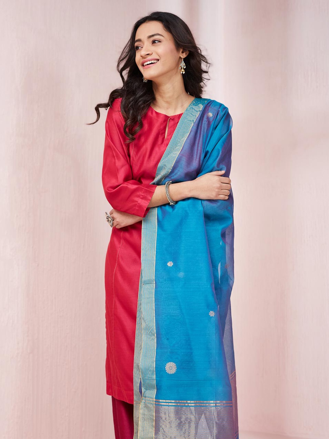 

Fabindia Ethnic Motifs Woven Design Cotton Silk Dupatta with Zari, Teal