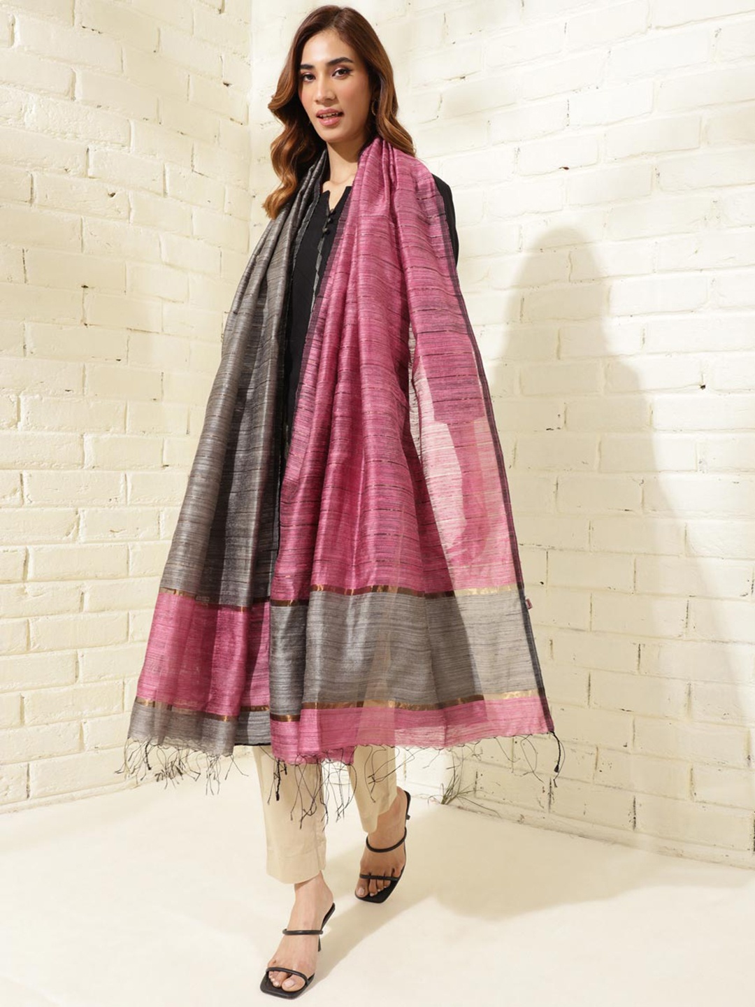 

Fabindia Colourblocked Silk Dupatta with Zari, Grey