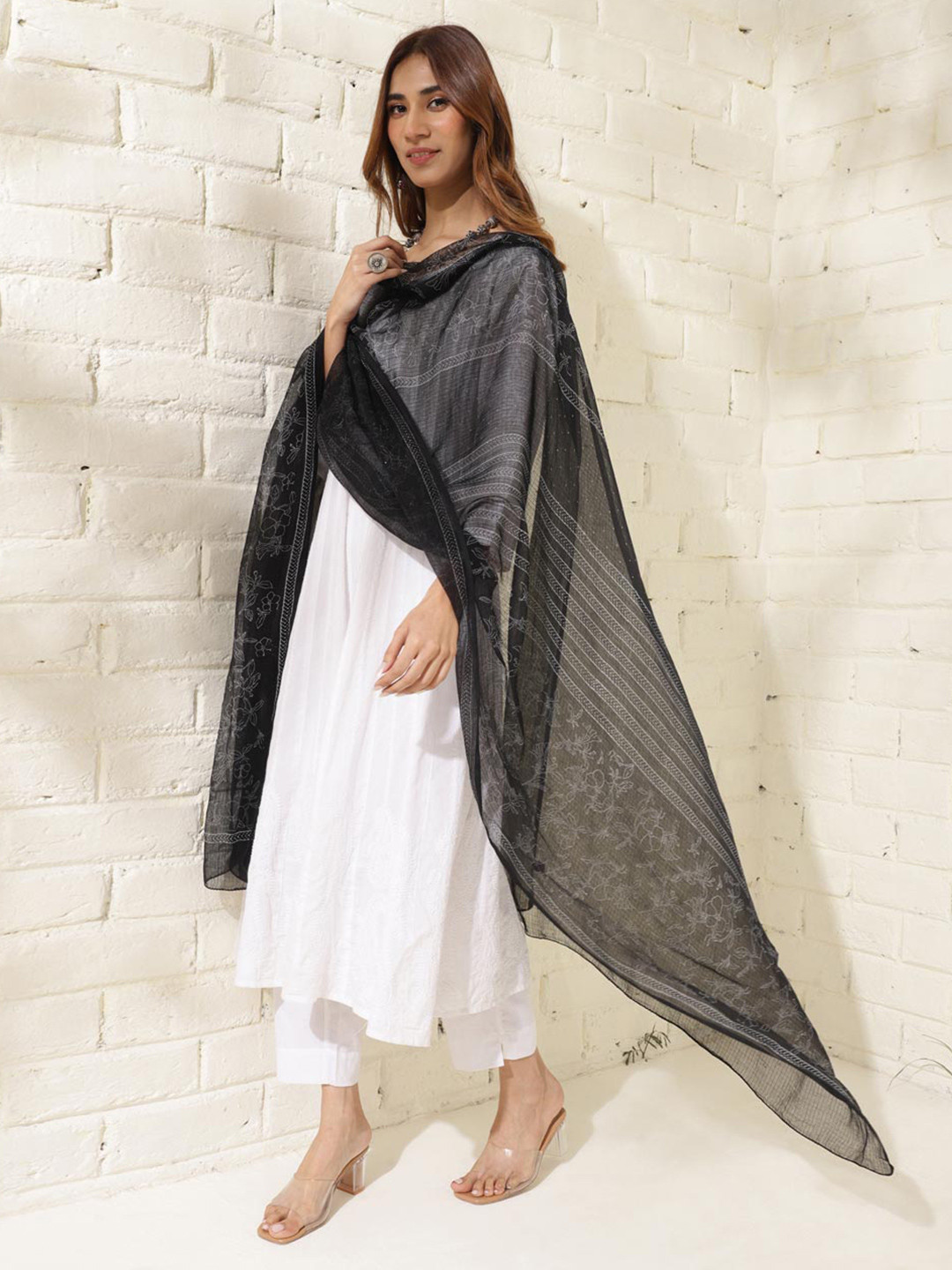 

Fabindia Ethnic Motifs Block Printed Cotton Silk Dupatta, Black