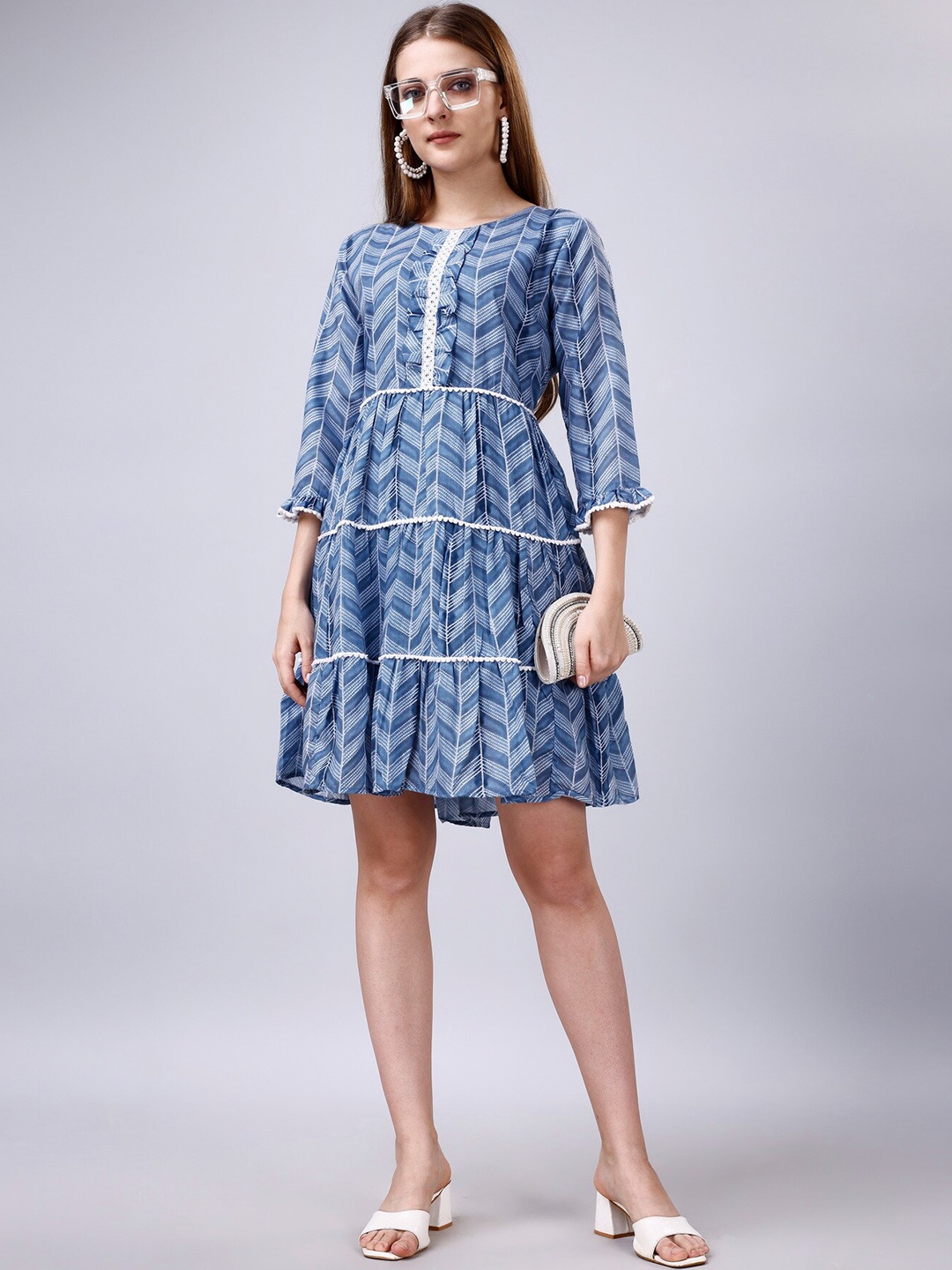 

Sanwariya Silk Chevron Print Tiered Fit & Flare Dress, Blue