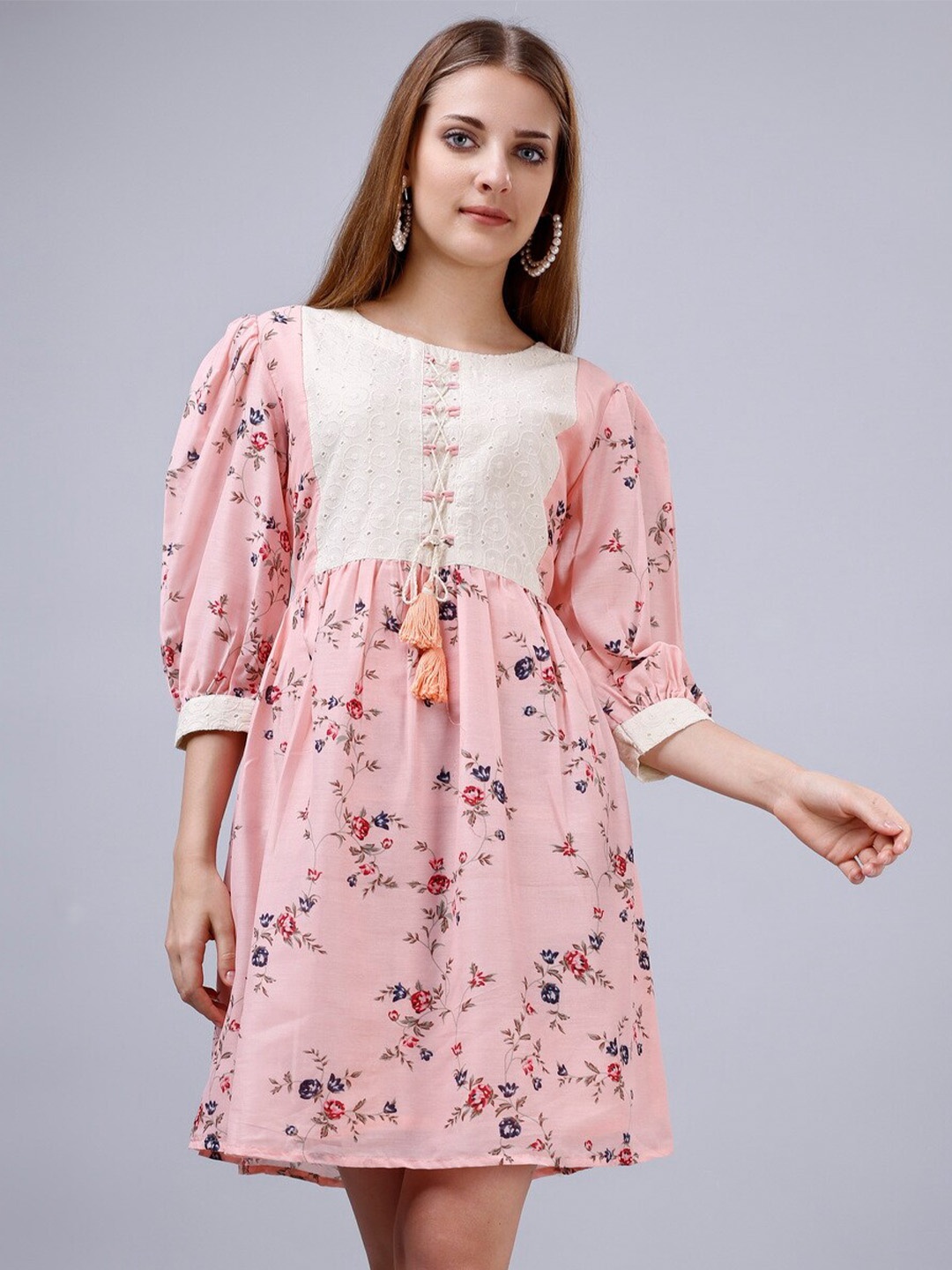 

Sanwariya Silk Floral Print Puff Sleeve Fit & Flare Dress, Pink