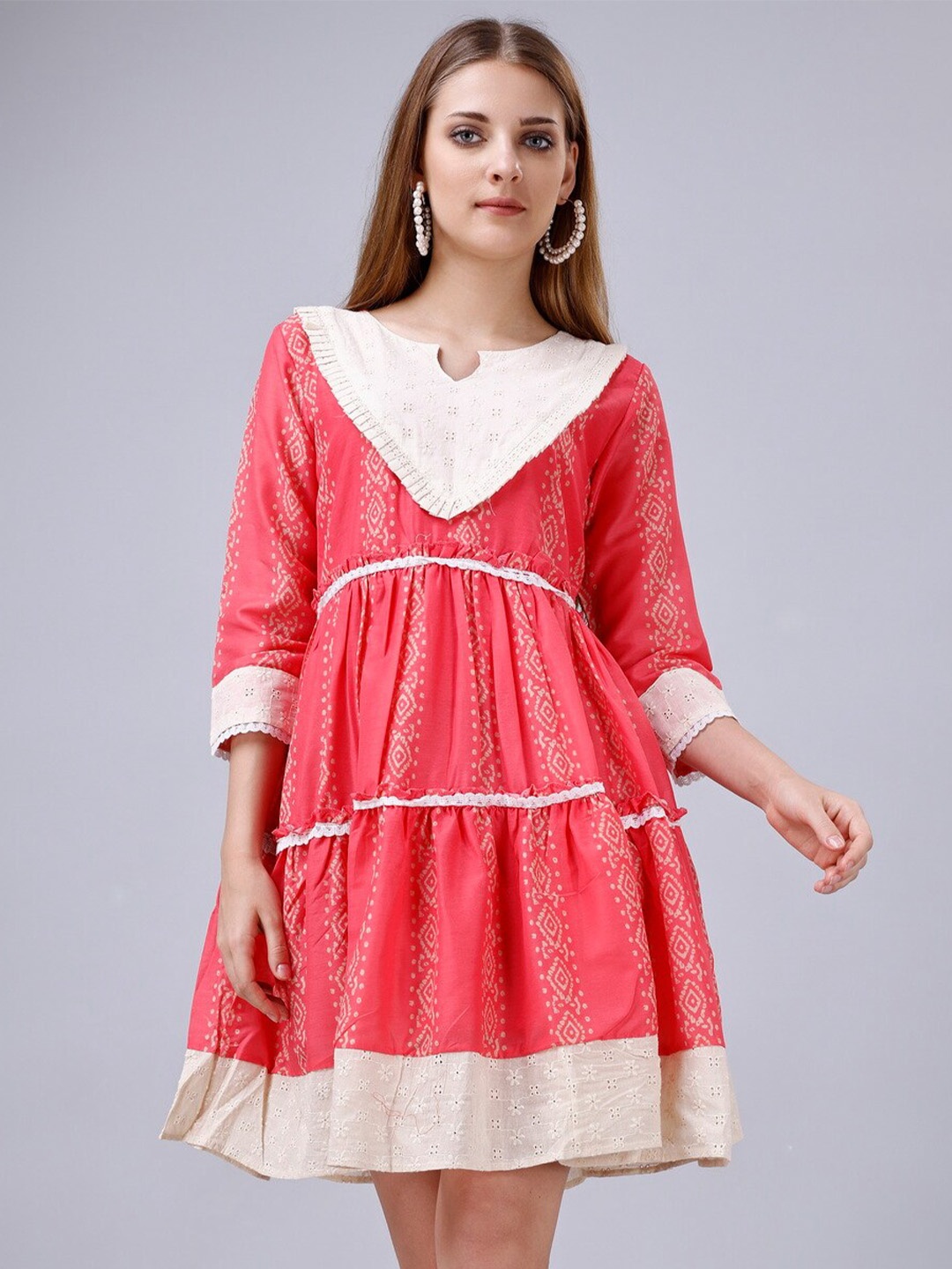 

Sanwariya Silk Geometric Print Cuffed Sleeves Fit & Flare Dress, Red