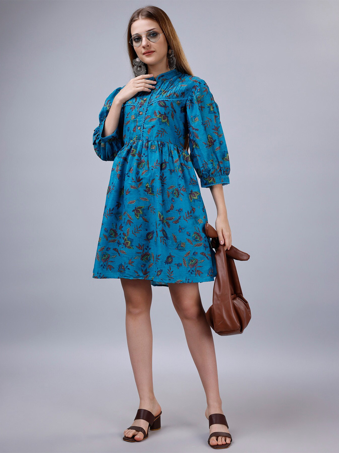 

Sanwariya Silk Floral Print Mandarin Collar Puff Sleeve Fit & Flare Dress, Blue