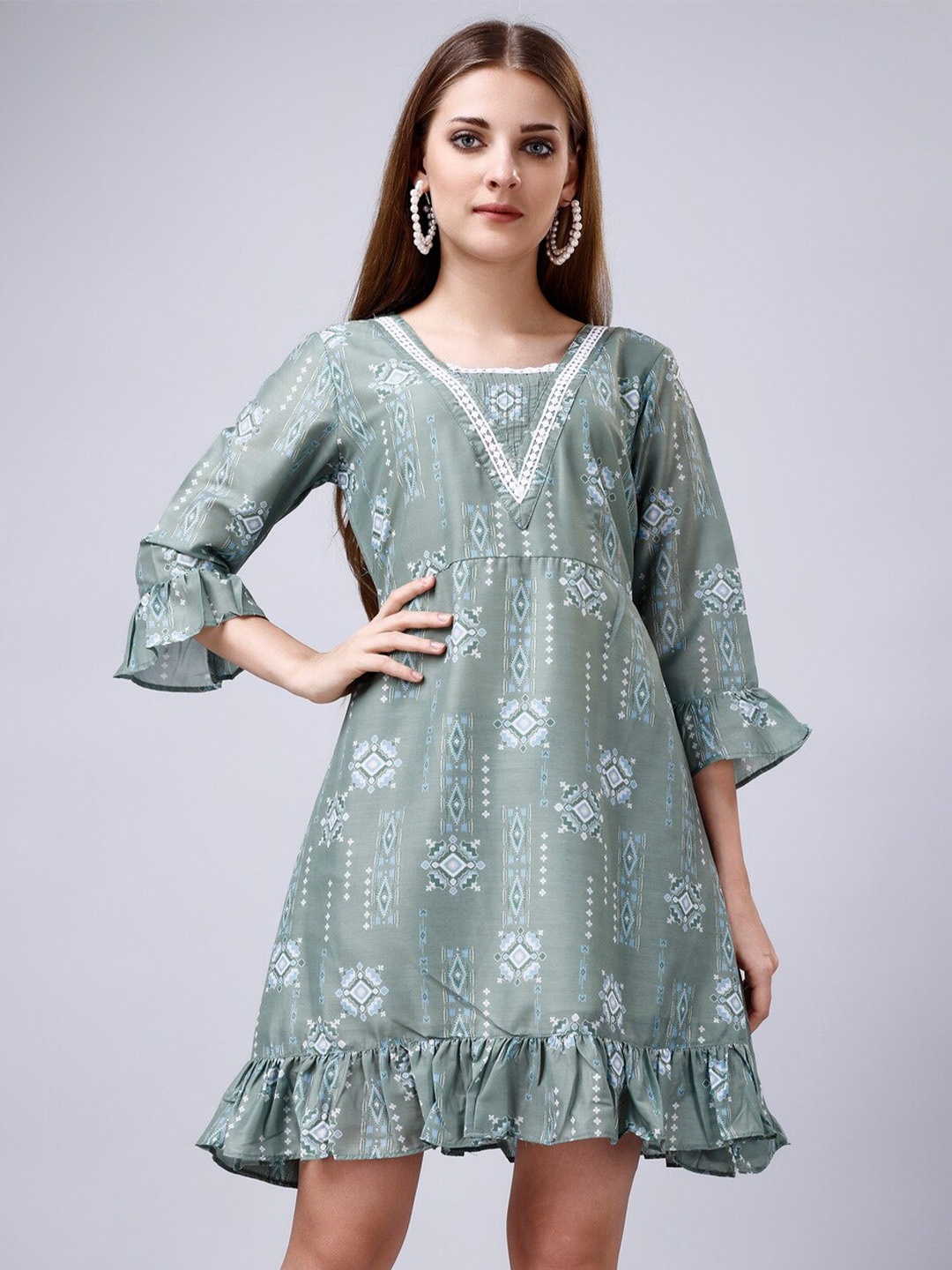 

Sanwariya Silk Floral Print Bell Sleeve Fit & Flare Dress, Green