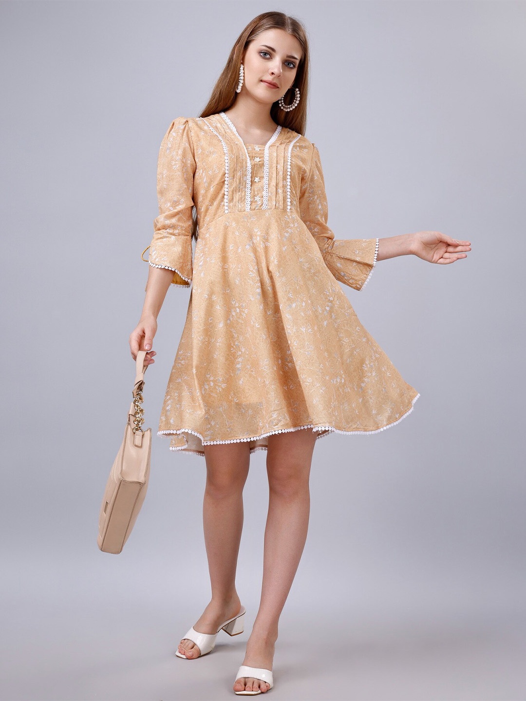 

Sanwariya Silk Floral Print Bell Sleeve Fit & Flare Dress, Cream