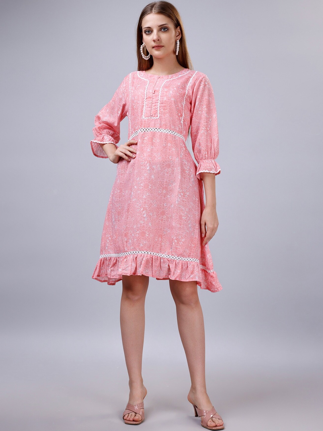 

Sanwariya Silk Floral Print Puff Sleeve Fit & Flare Dress, Peach