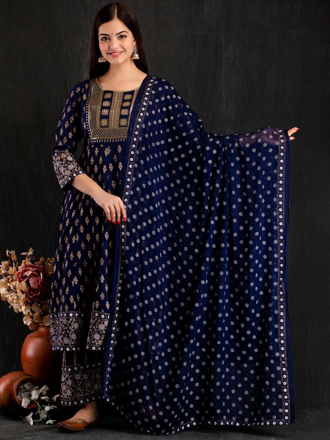 

D K W Ethnic Motifs Printed Sequinned Detailed Anarkali Kurta & Trouser With Dupatta, Navy blue