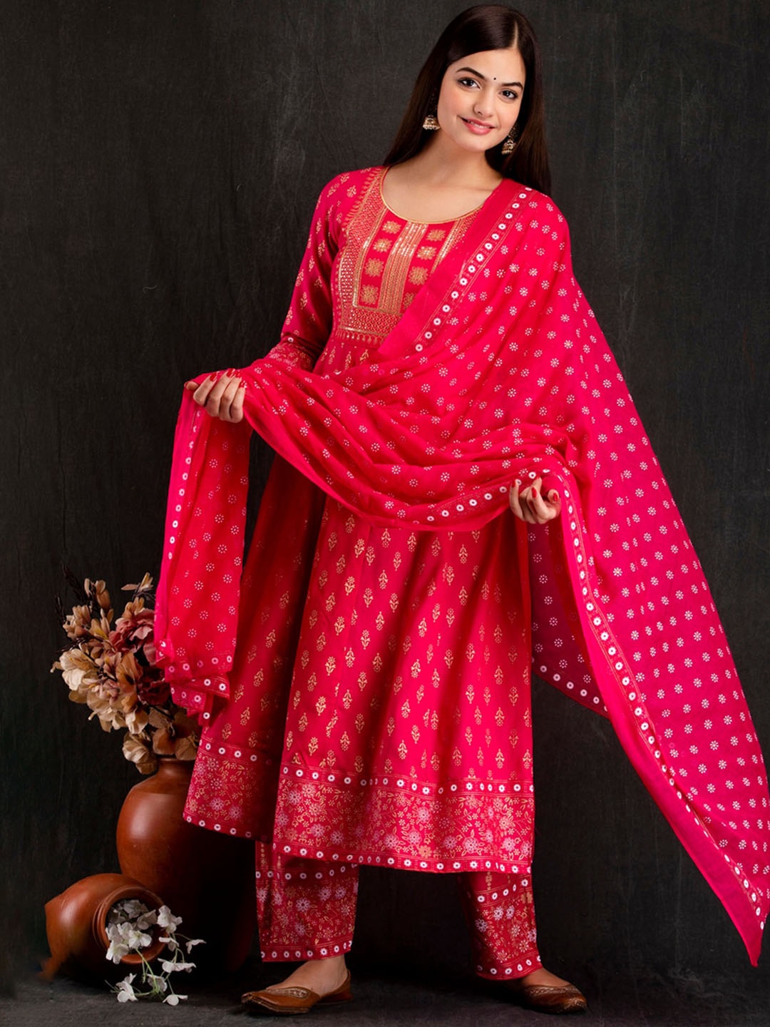 

D K W Ethnic Motifs Printed Sequinned Detailed Anarkali Kurta & Trouser With Dupatta, Pink