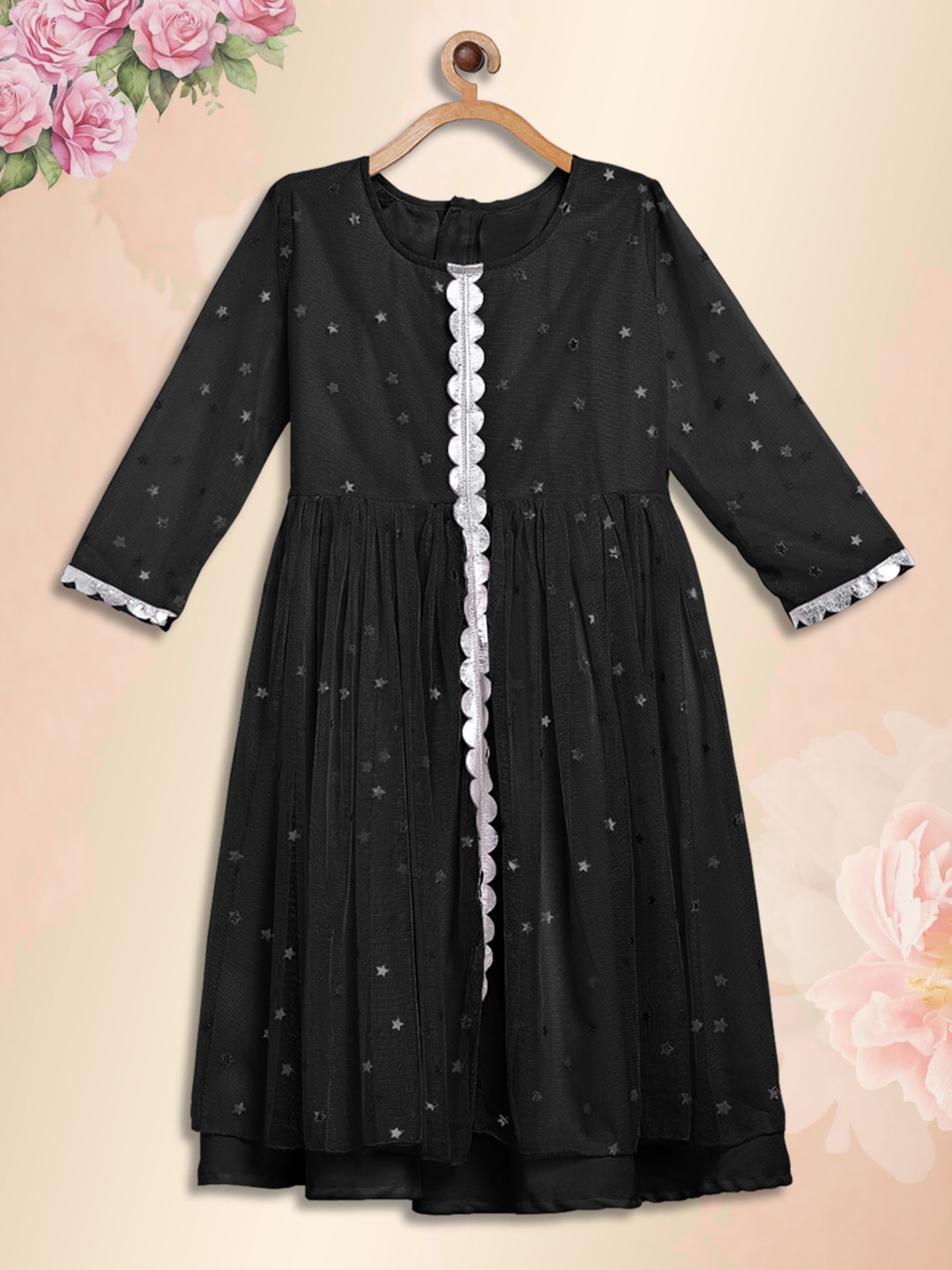 

AHALYAA KIDS Girls Geometric Printed Fit and Flare Ethnic Dresses, Black