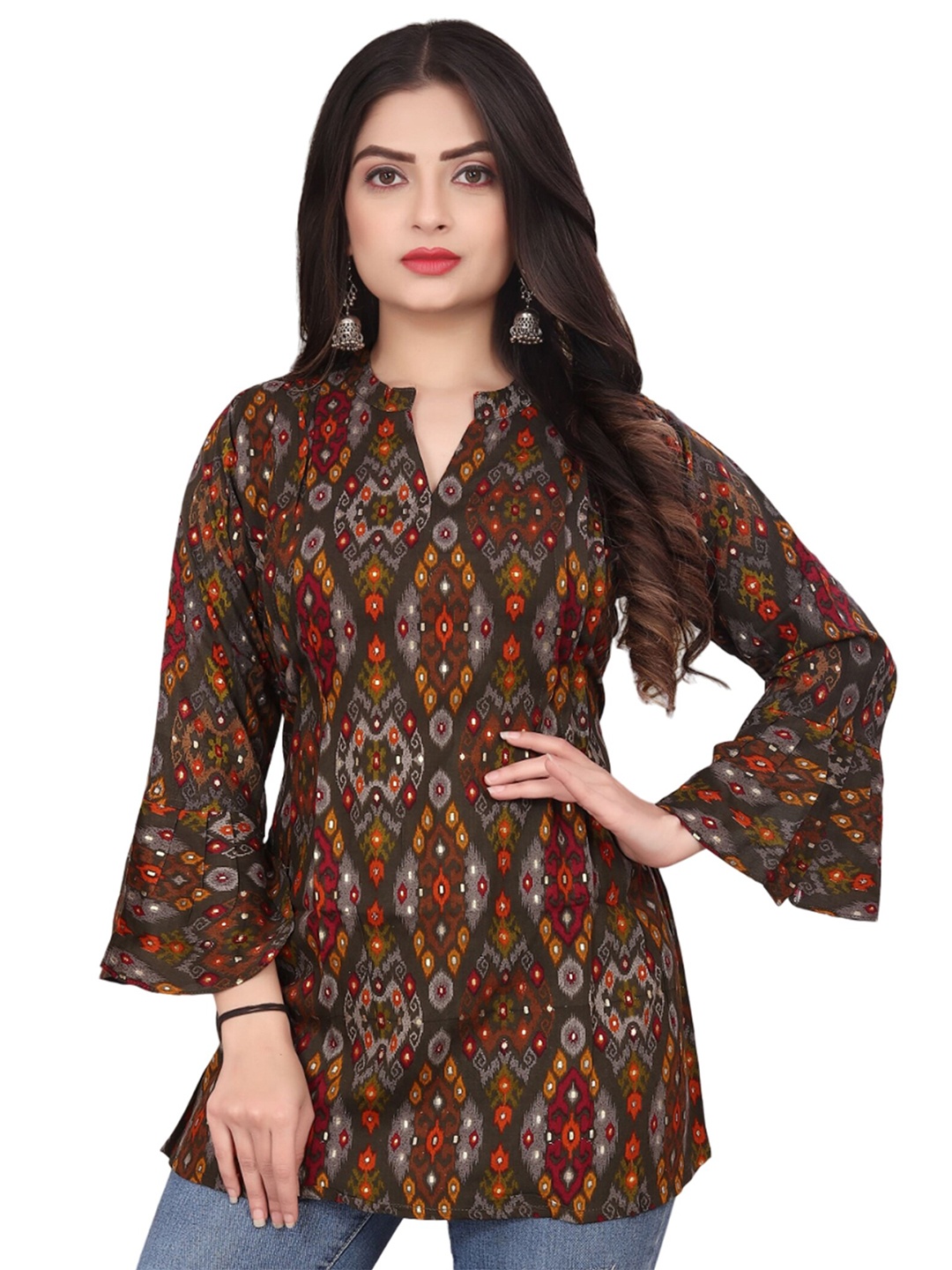 

PRANSHUL APPARELS Ethnic Motifs Printed Mandarin Collar Bell Sleeves Longline Top, Brown