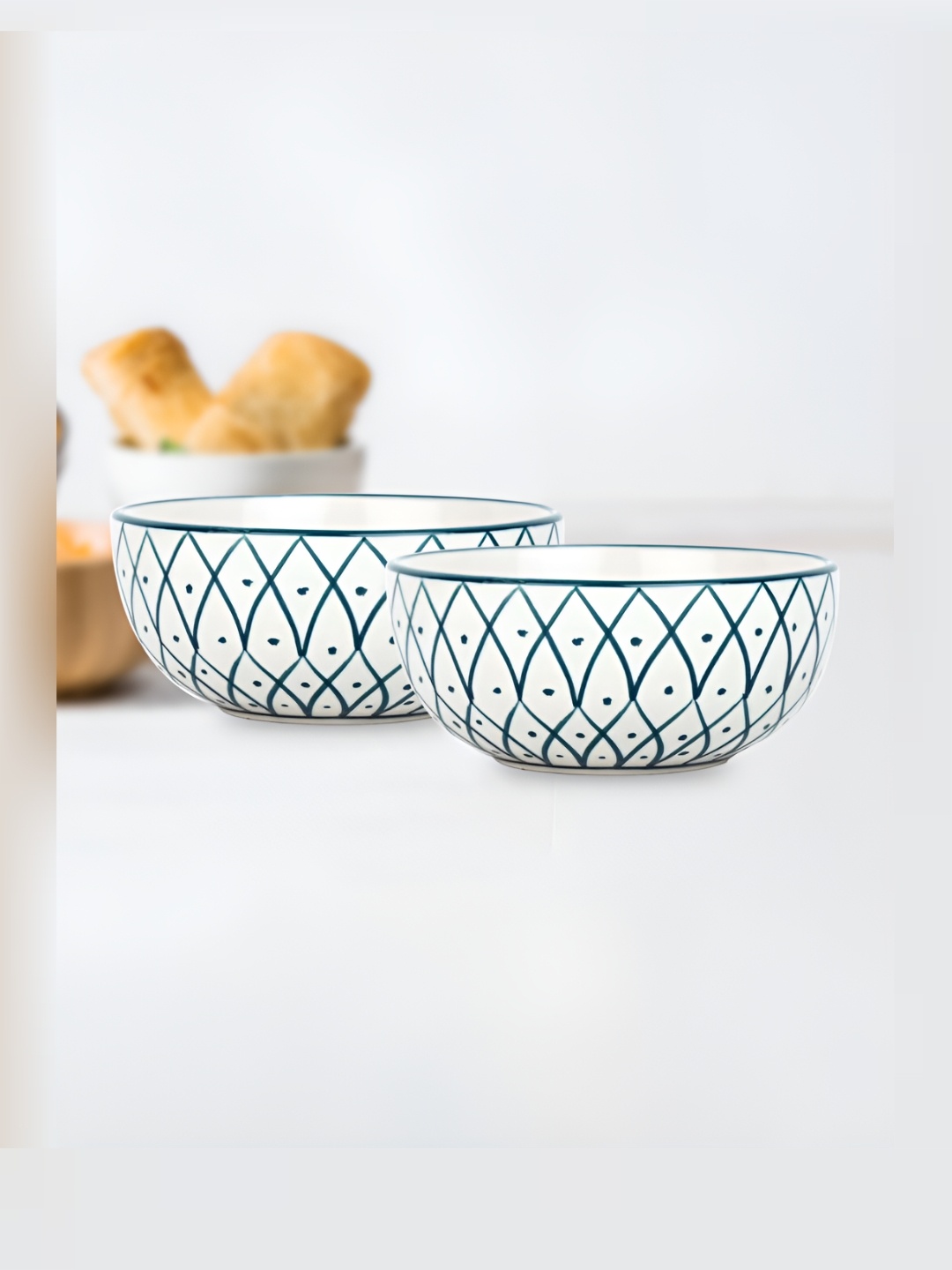 

Ekhasa White & Blue 2 Pieces Geometric Printed Ceramic Glossy Bowls
