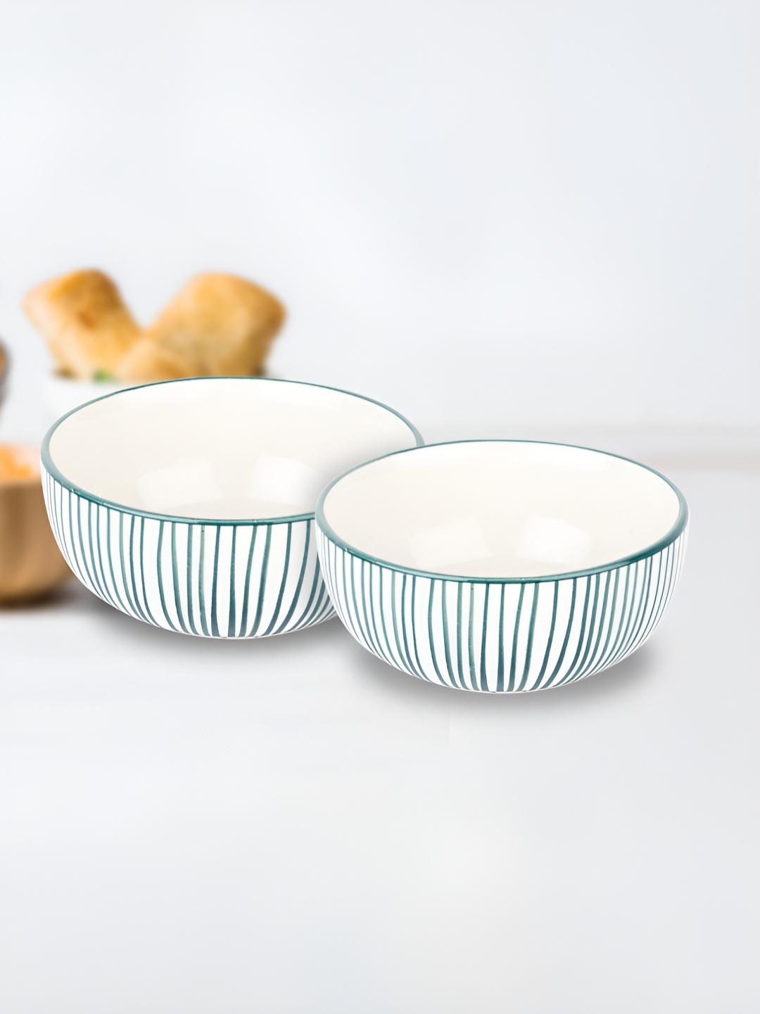 

Ekhasa White & Green 2 Pieces Geometric Printed Ceramic Glossy Bowls