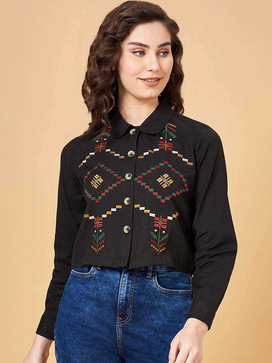 

YU by Pantaloons Floral Crop Embroidered Tailored Jacket, Black