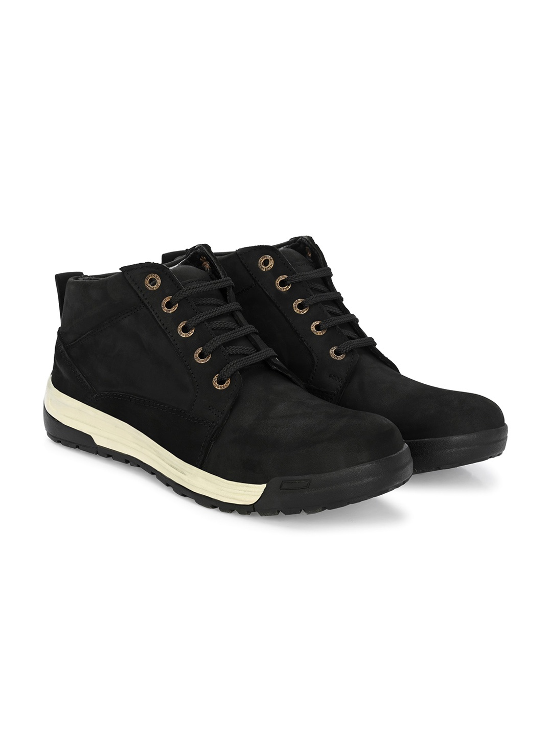 

Hundo P Men Round Toe Mid Top Leather Sneakers, Black