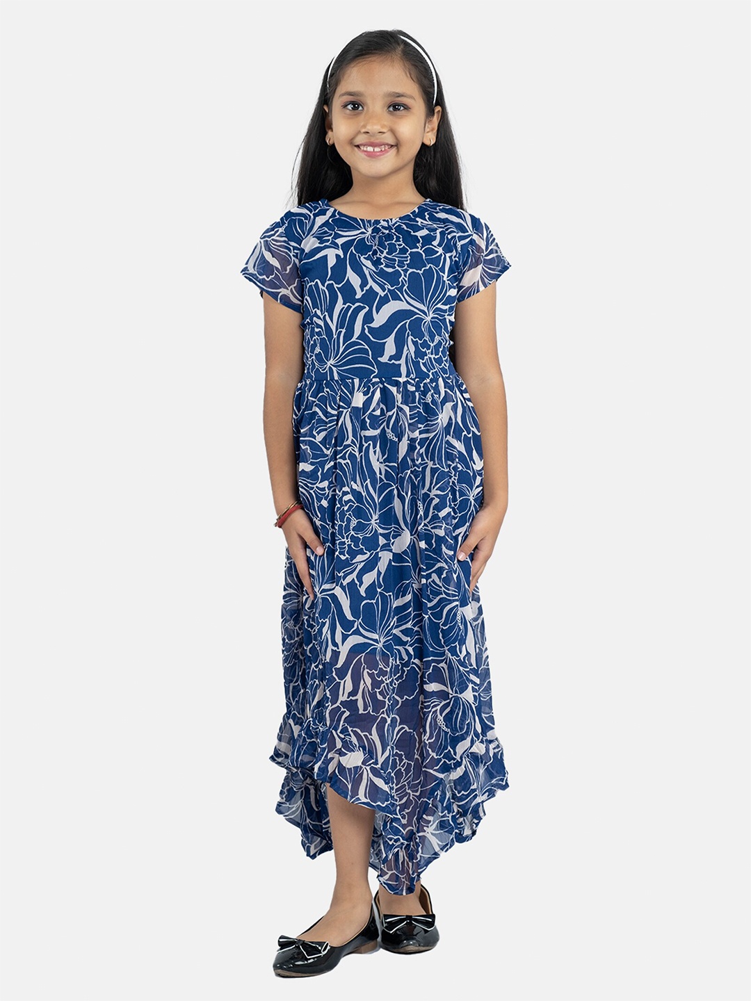 

KiddoPanti Floral Printed Georgette A-Line Maxi Dress, Navy blue