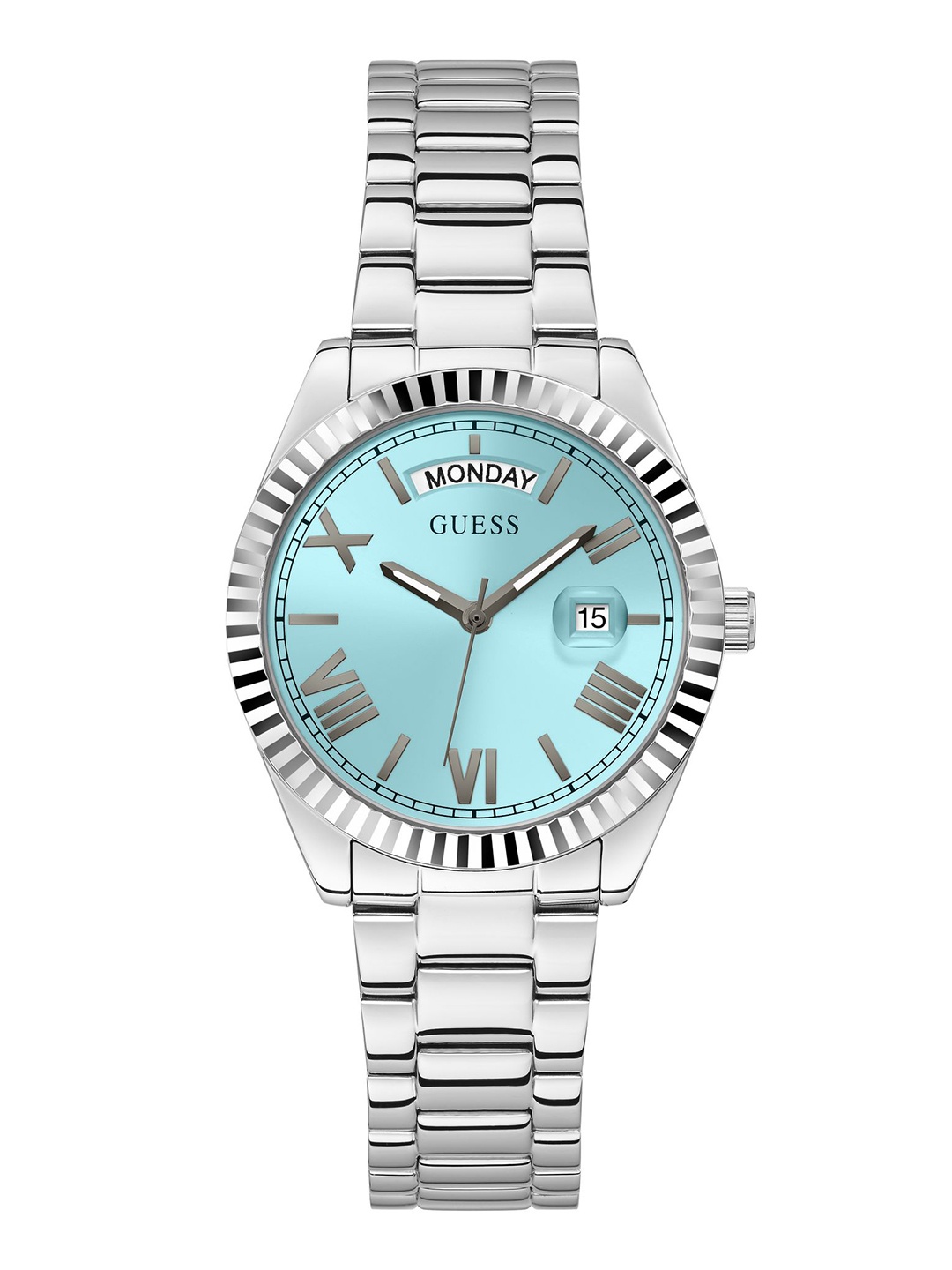 

GUESS Women Dress Luna Day-Date Bracelet Style Straps Analogue Watch GW0308L4, Turquoise blue