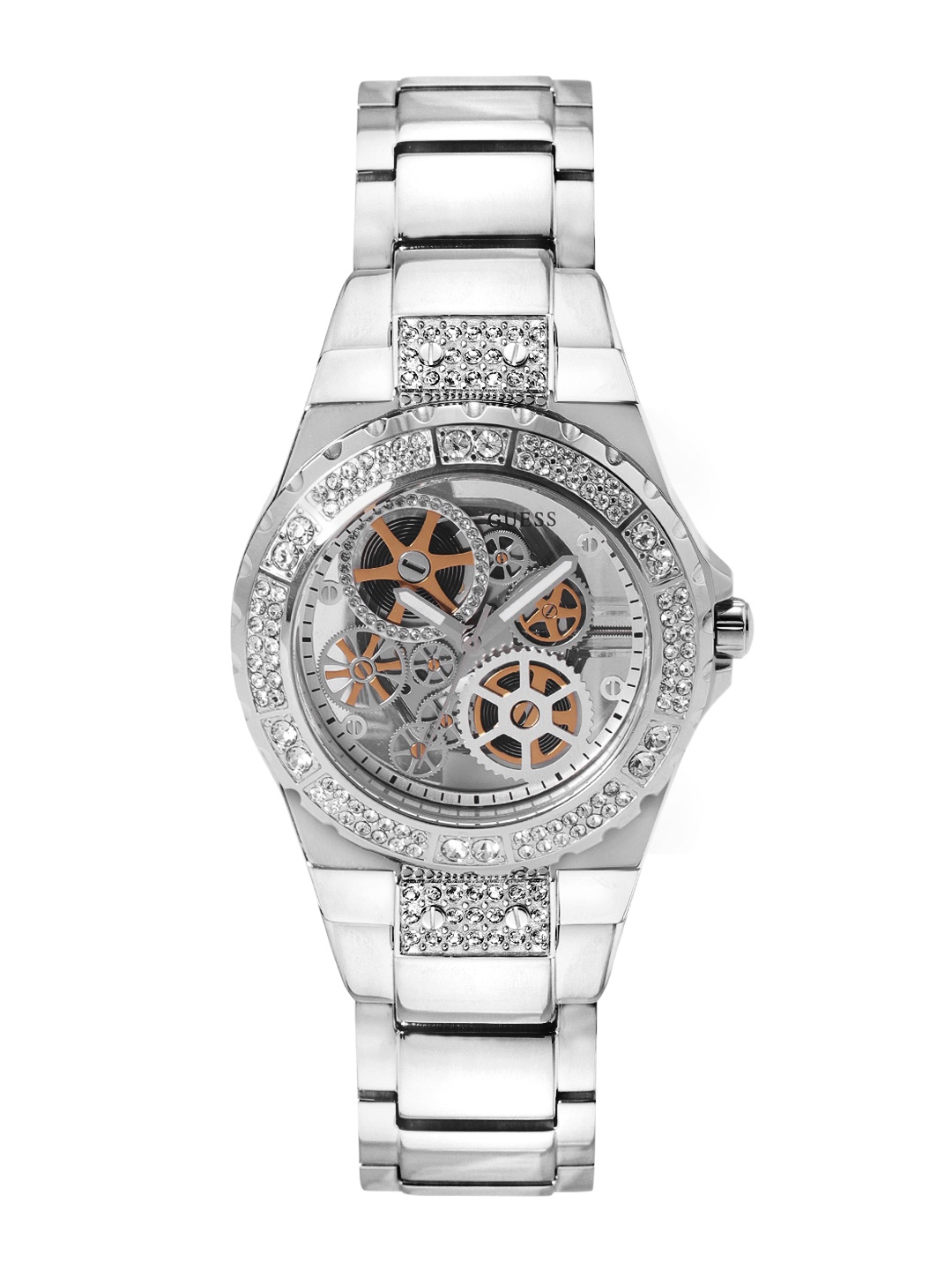 

GUESS Women Skeleton Dial Bracelet Style Straps Reveal Analogue Watch- GW0302L1, Silver
