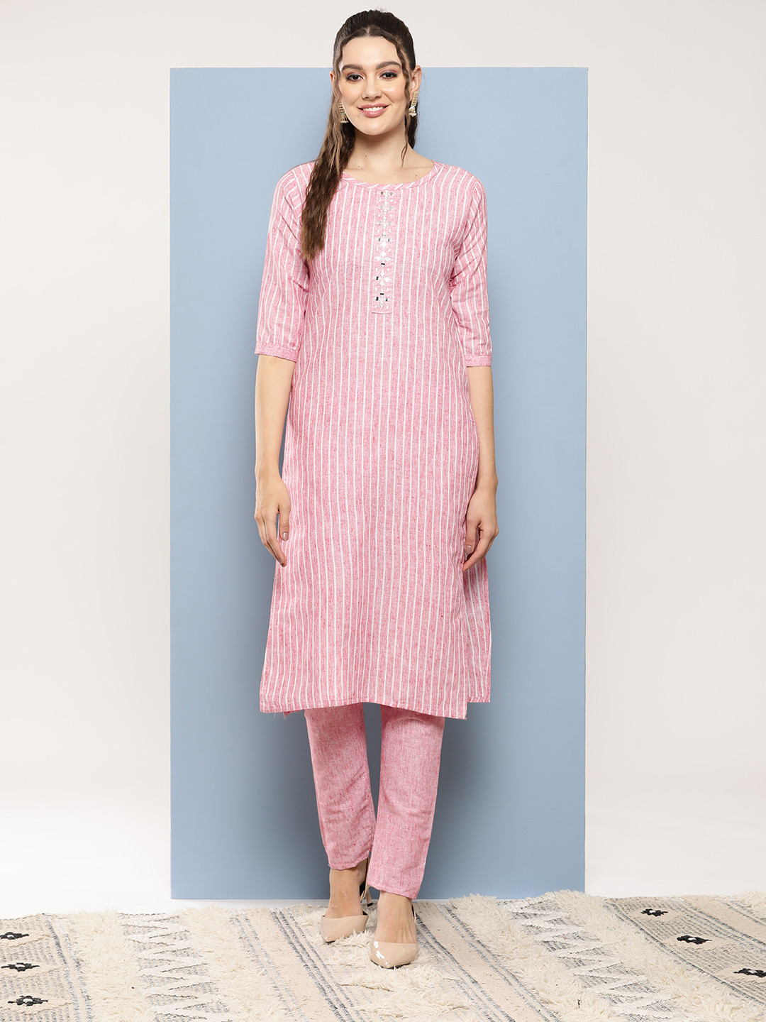 

Aarika Women Striped Regular Mirror Work Pure Cotton Kurta with Trousers, Peach