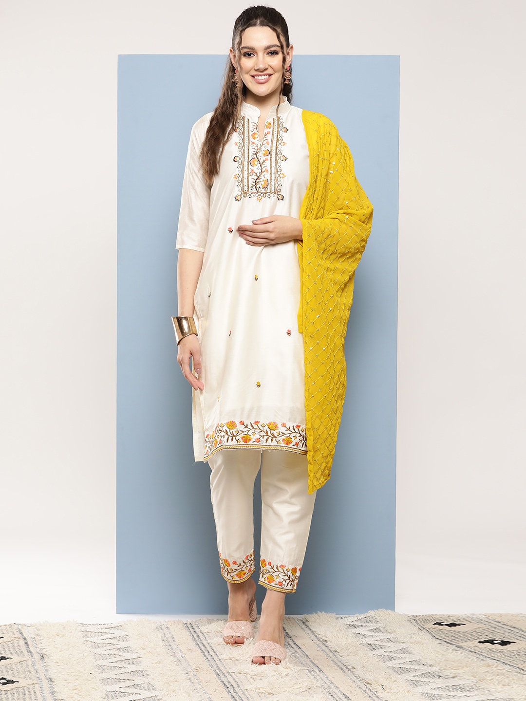 

Aarika Women Floral Embroidered Beaded Pure Cotton Kurta with Trousers & With Dupatta, Cream