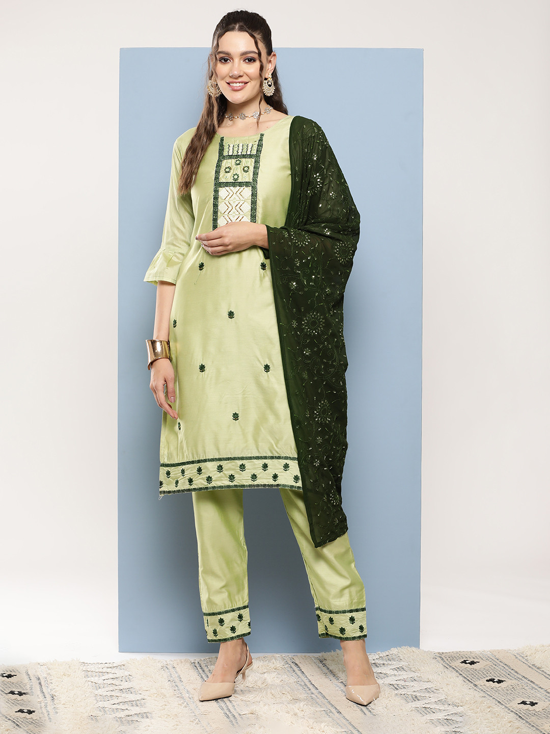 

Aarika Women Ethnic Motifs Embroidered Beaded Cotton Kurta with Trousers & With Dupatta, Green