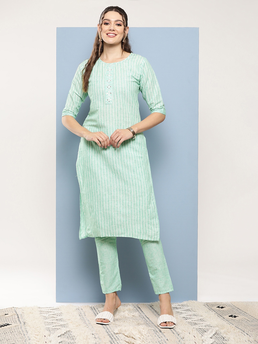 

Aarika Women Striped Regular Pure Cotton Kurta with Palazzos, Sea green