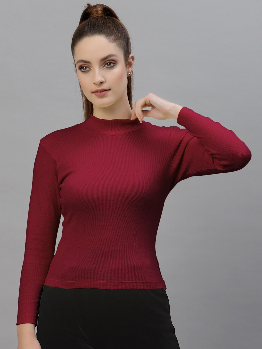 

Friskers High Neck Fitted Top, Maroon