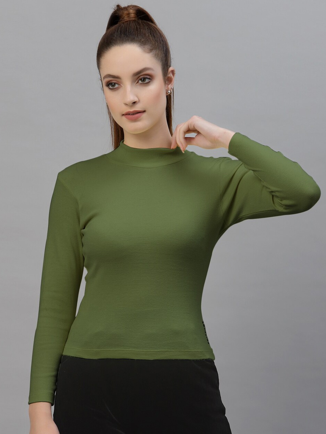 

Friskers Ribbed High Neck Long Sleeves Fitted Bio Wash Cotton Top, Olive