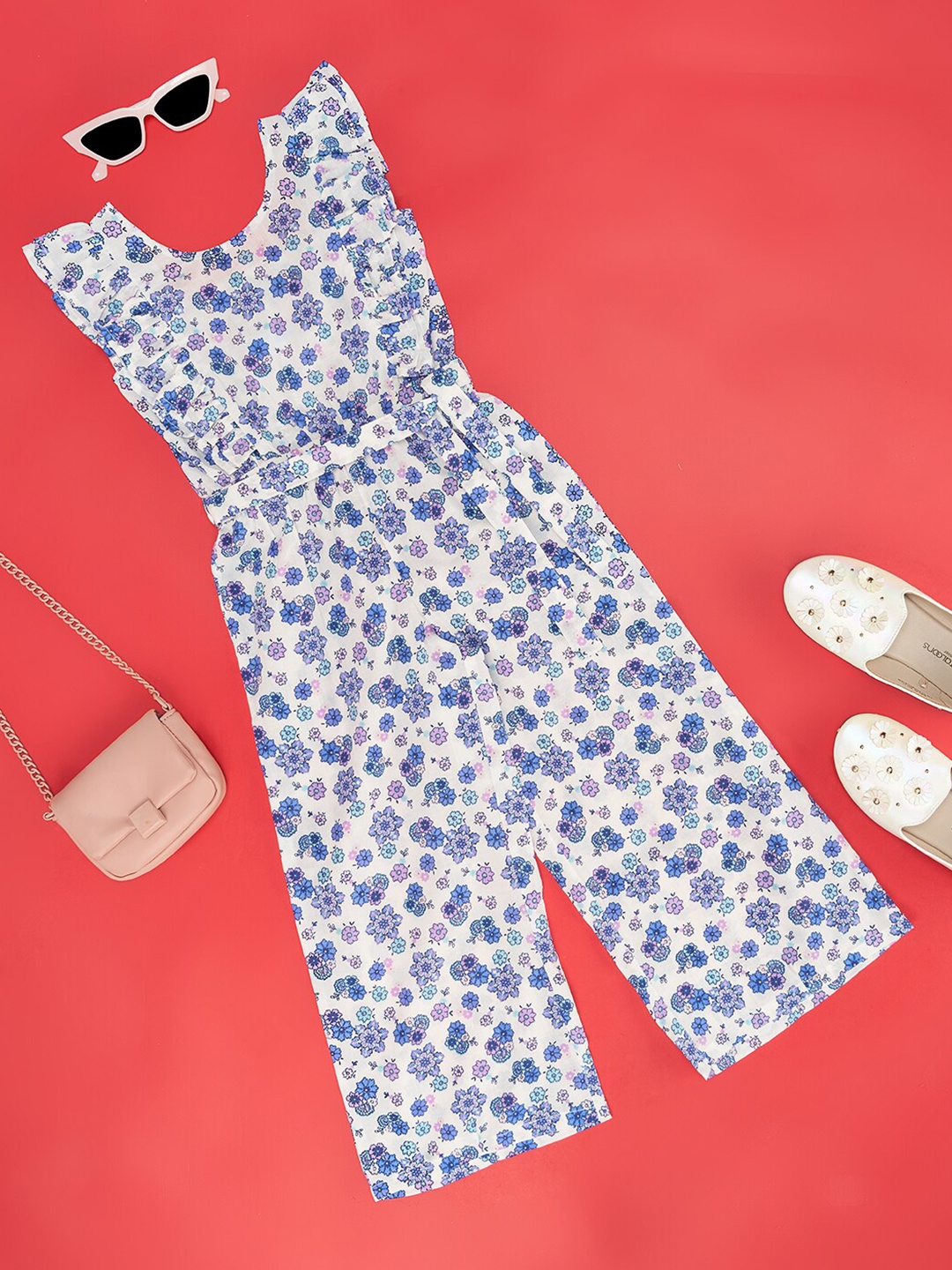

YU by Pantaloons Girls Printed Cotton Basic Jumpsuit with Ruffles, White
