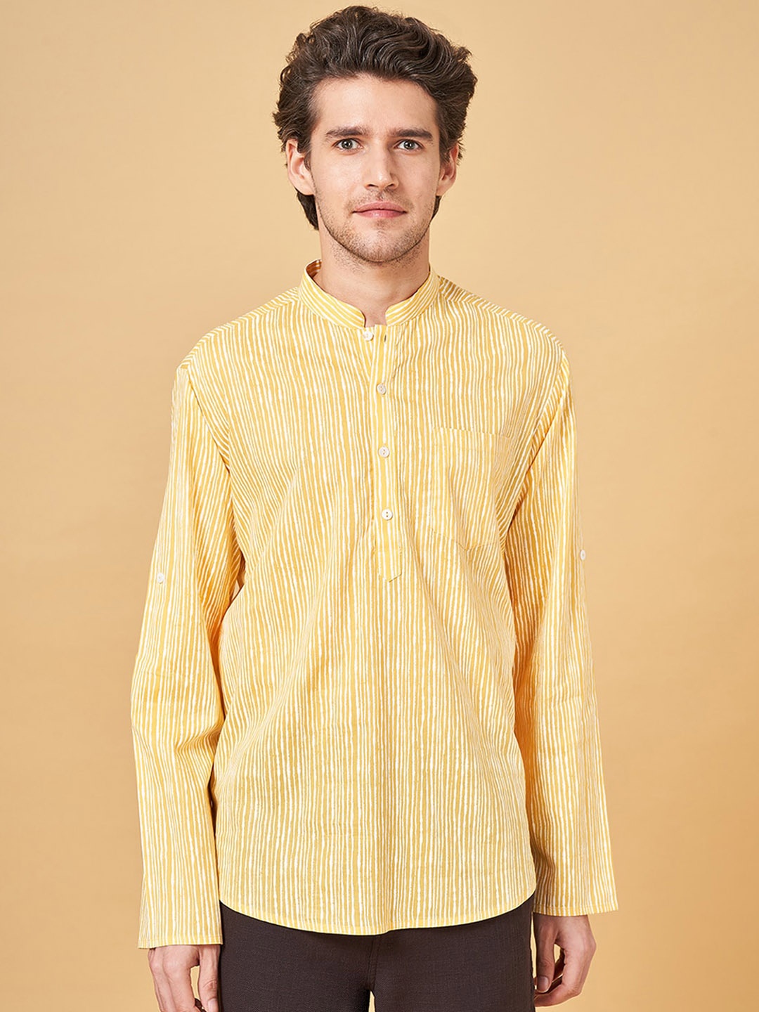 

indus route by Pantaloons Striped Mandarin Collar Roll-Up Sleeves Cotton Straight Kurta, Yellow