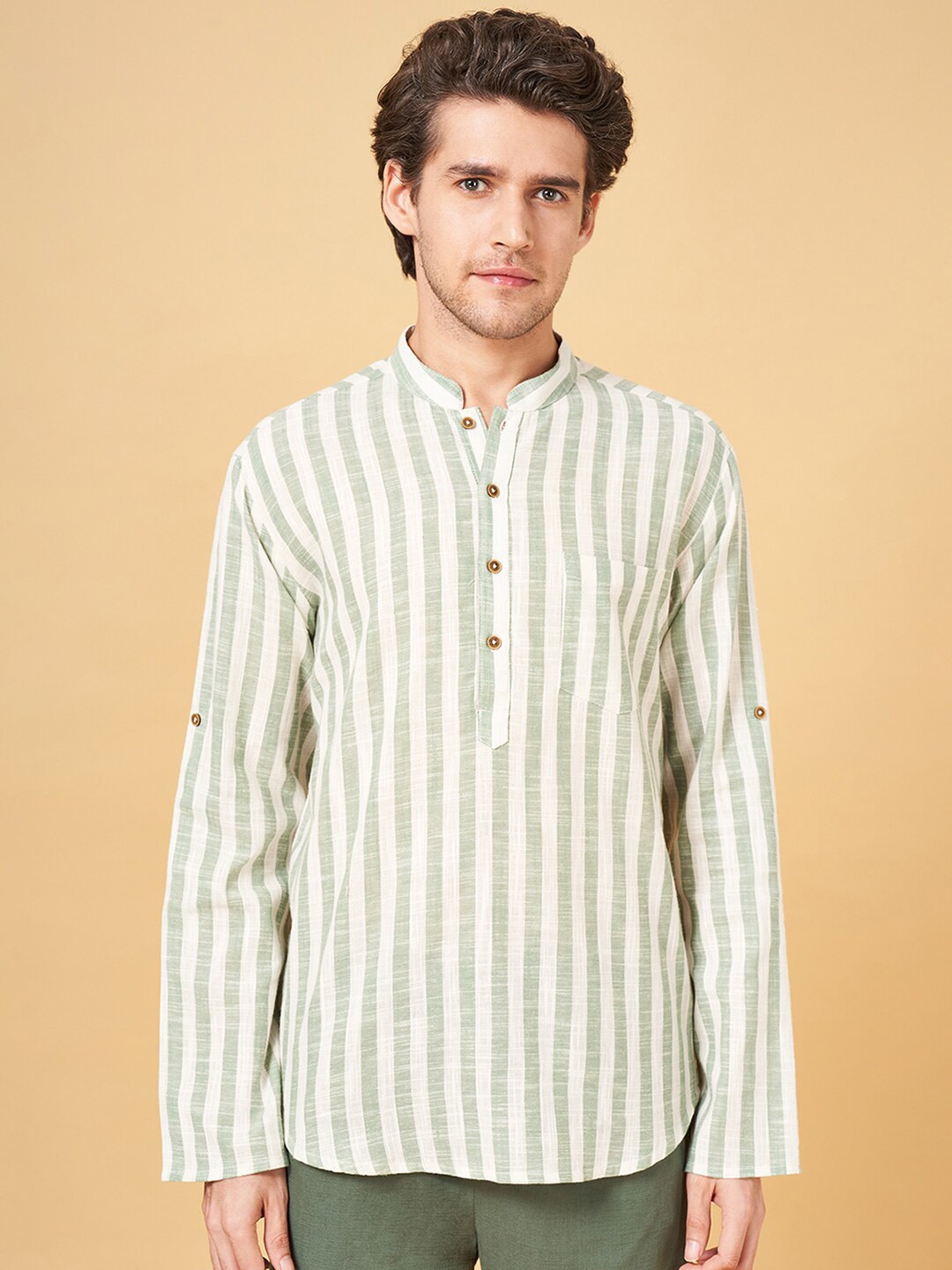 

indus route by Pantaloons Striped Mandarin Collar Dobby Weave Cotton Short Kurta, Olive