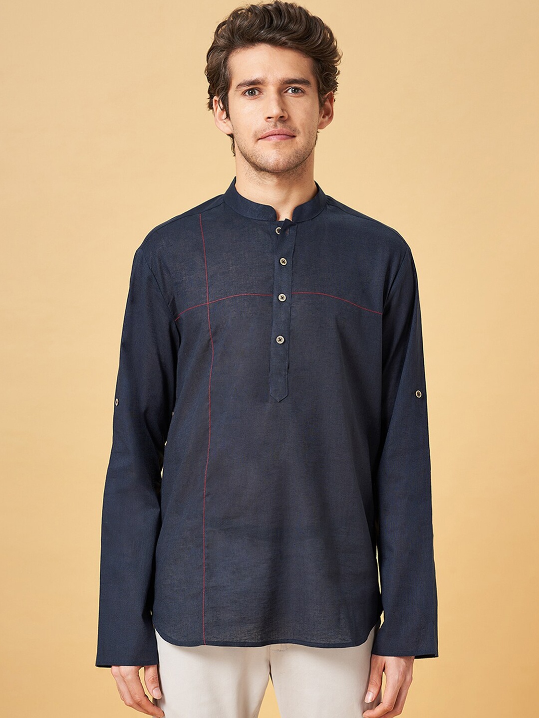 

indus route by Pantaloons Mandarin Collar Dobby Weave Short Kurta, Navy blue