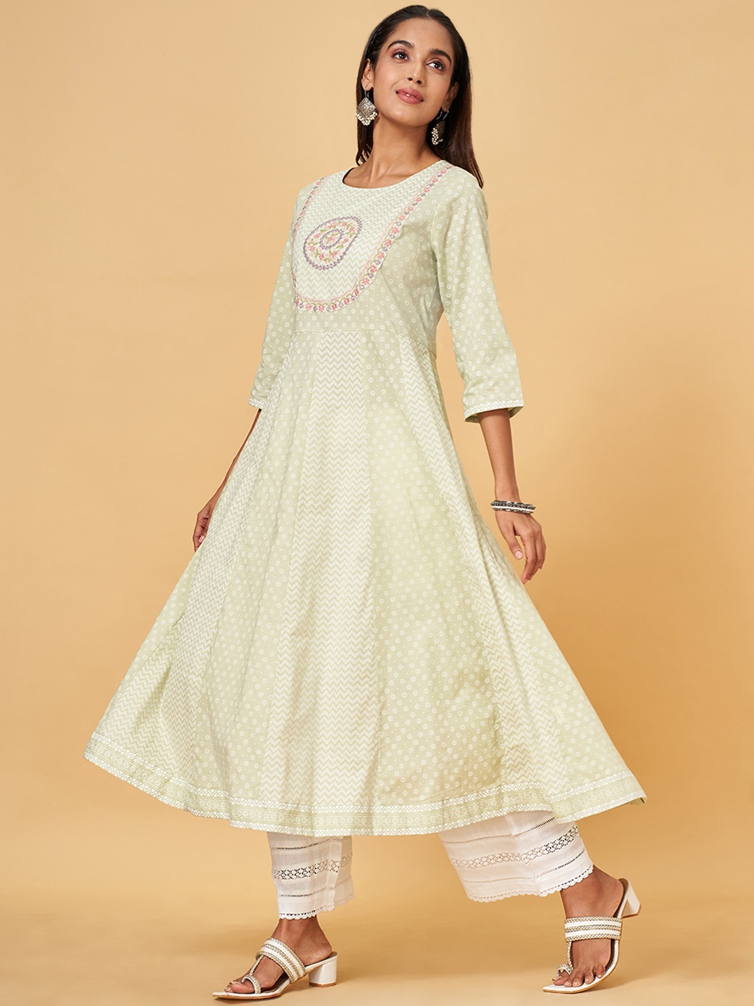 

RANGMANCH BY PANTALOONS Ethnic Motifs Printed Sequinned Cotton Anarkali Kurta, Olive