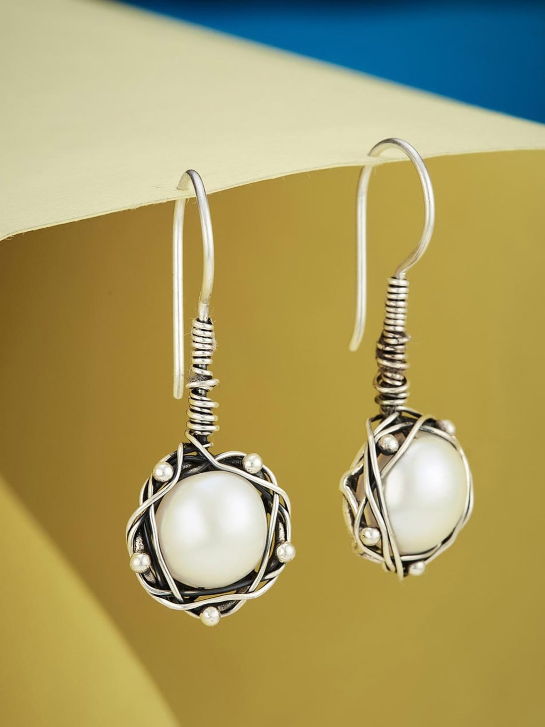 

Fabindia Pearl Beaded Contemporary Drop Earrings, Silver