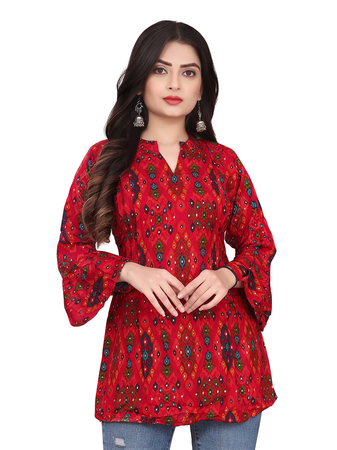 

PRANSHUL APPARELS Ethnic Motifs Printed Mandarin Collar Bell Sleeves Longline Top, Maroon